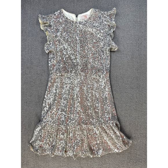 GB Girls Dress Silver Sequin Mini Flutter Sleeve Size 16 - Picture 1 of 7